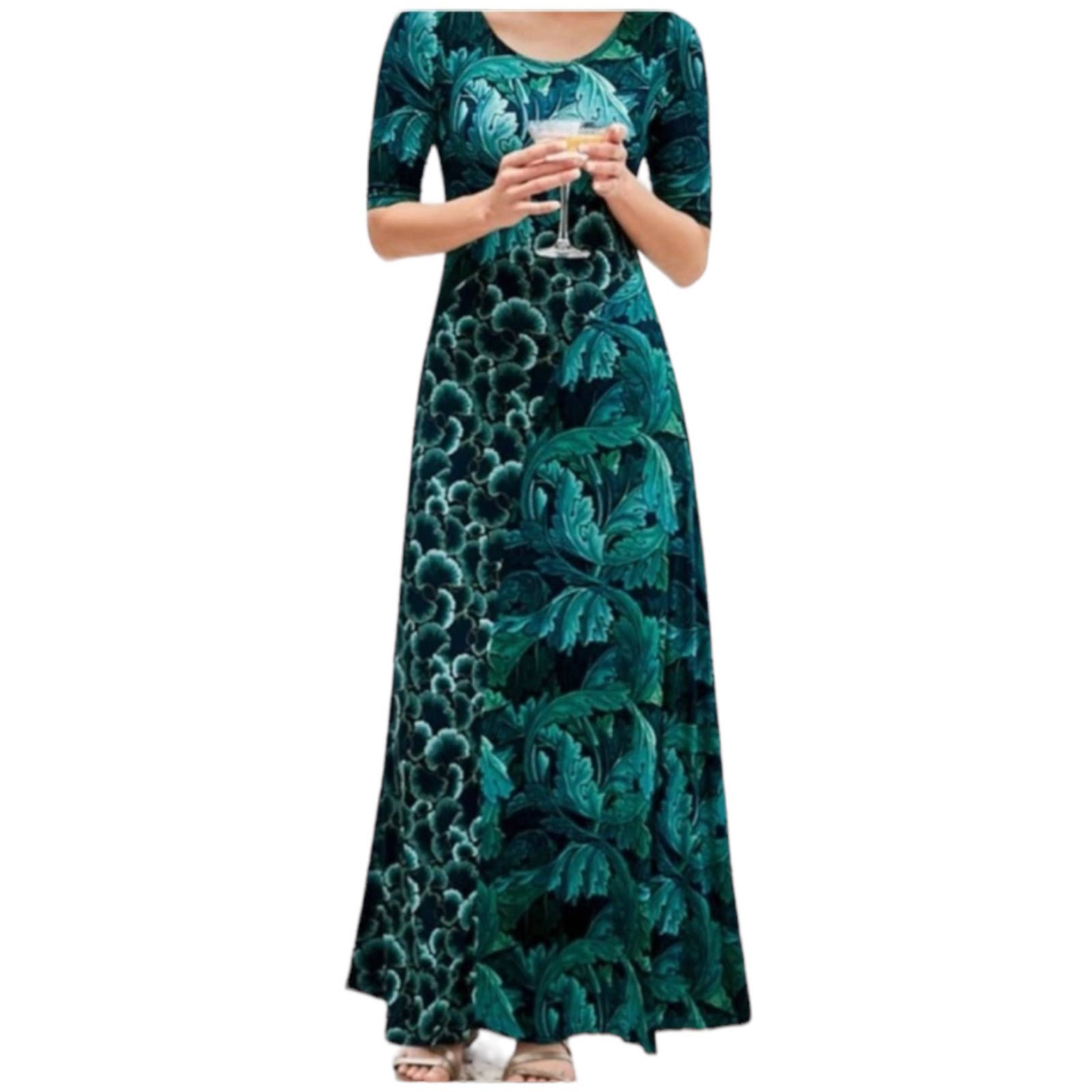 Soft Surroundings Saunterre Tropical Green Leaf Print Maxi Dress